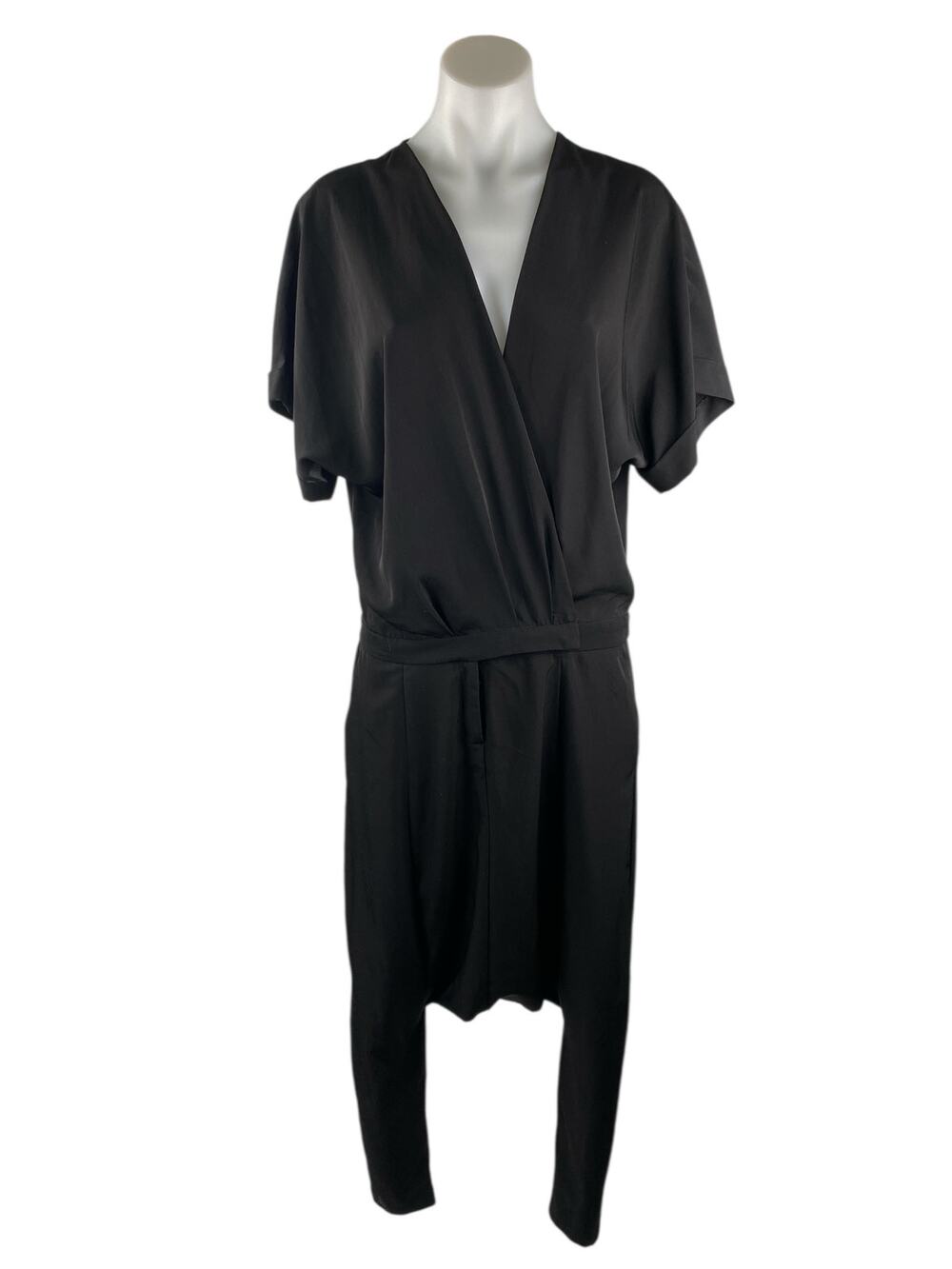 Zara Women's Black Faux Wrap Short Dolman Sleeve Loose Fit Jumpsuit Size M